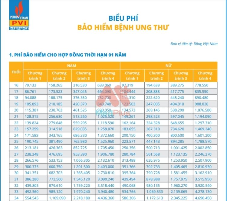 Center bảng biểu phí bảo hiểm ung thư PVI 2 Center