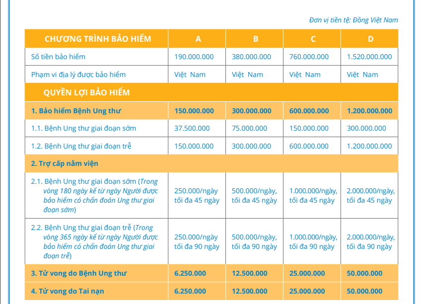 bảng quyền lợi bảo hiểm bệnh hiểm nghèo PVI chi tiết
