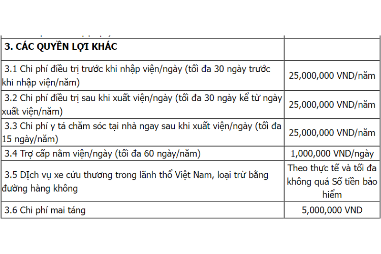 Các quyền lợi khác của gói bảo hiểm sức khỏe thai sản VBI CARE