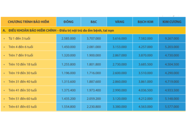 Biểu phí quyền lợi chính bảo hiểm sức khỏe Bảo Việt An GiaBiểu phí quyền lợi chính bảo hiểm sức khỏe Bảo Việt An Gia